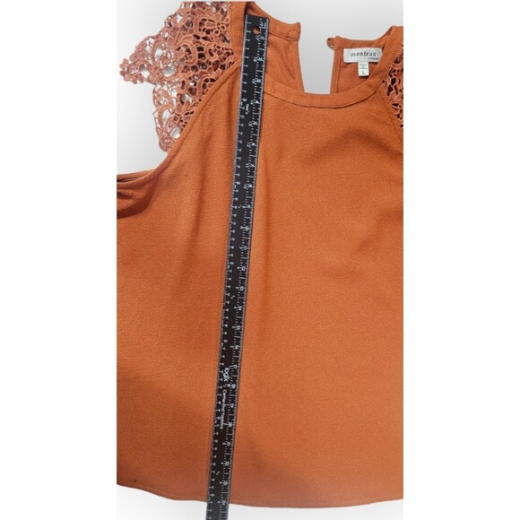Monteau Blouse Size Large Burnt Orange Lace Sleeves Keyhole Back Pullover - Picture 7 of 9